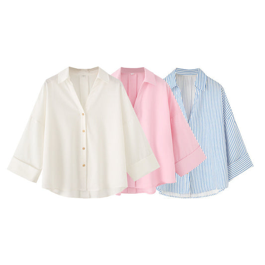 Linen Blended Wide Sleeve V-neck Temperament Shirt