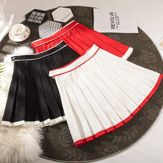 Contrast Color Pleated High-waisted Red New Year A- Line Skirt