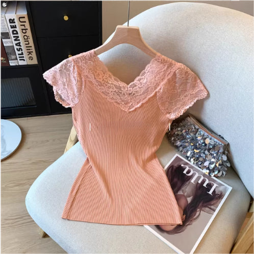 Exquisite Rhinestone Lace V-neck Knitted Women's Flounced Sleeve Top