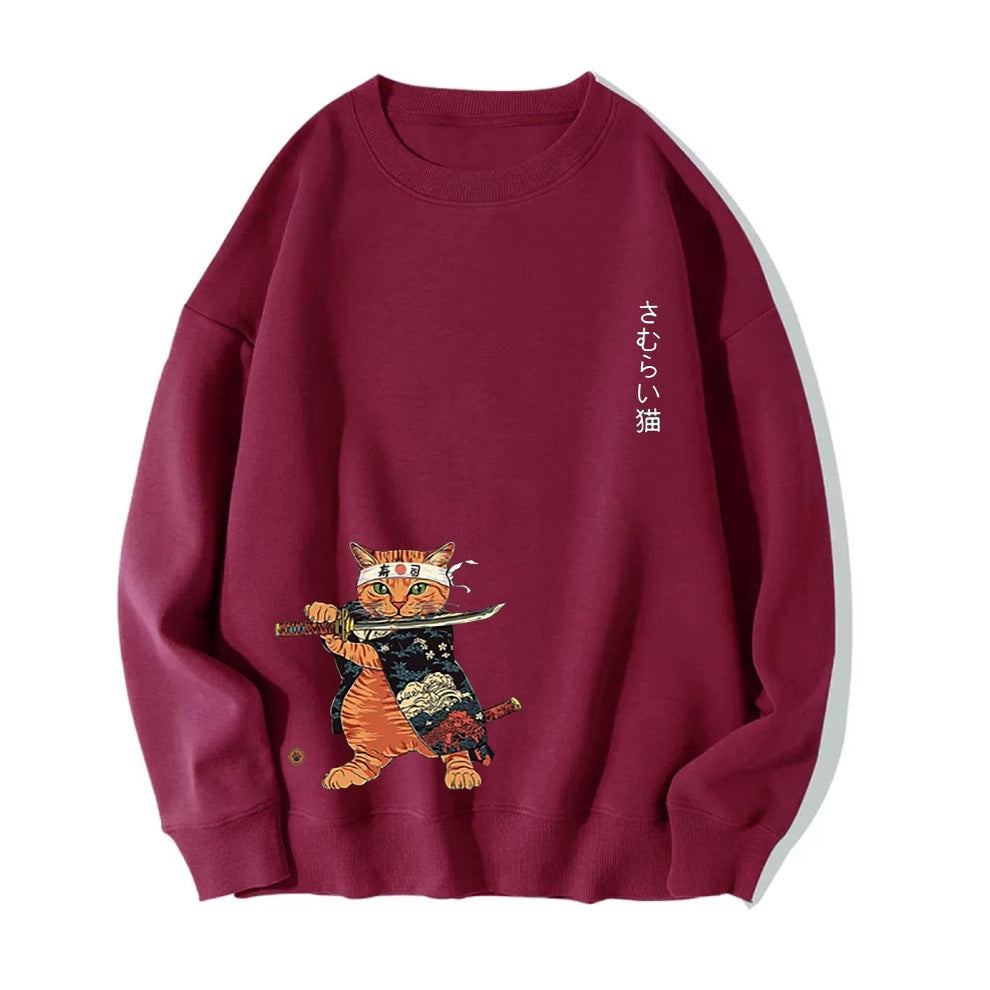 Japanese Style Large Cat Pattern Printed Round Neck Men And Women