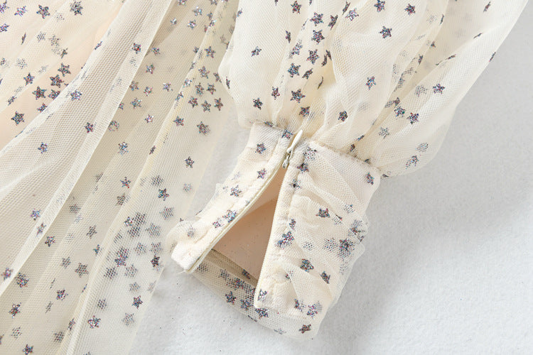 Women's Mesh Star Shiny Silk Print Waist Wrapping Slim Dress
