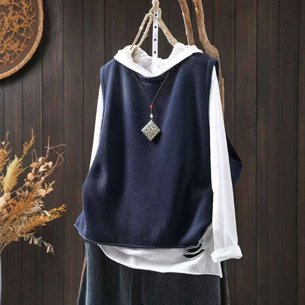 Retro Casual Round Neck Pullover Knitted Cotton Vest