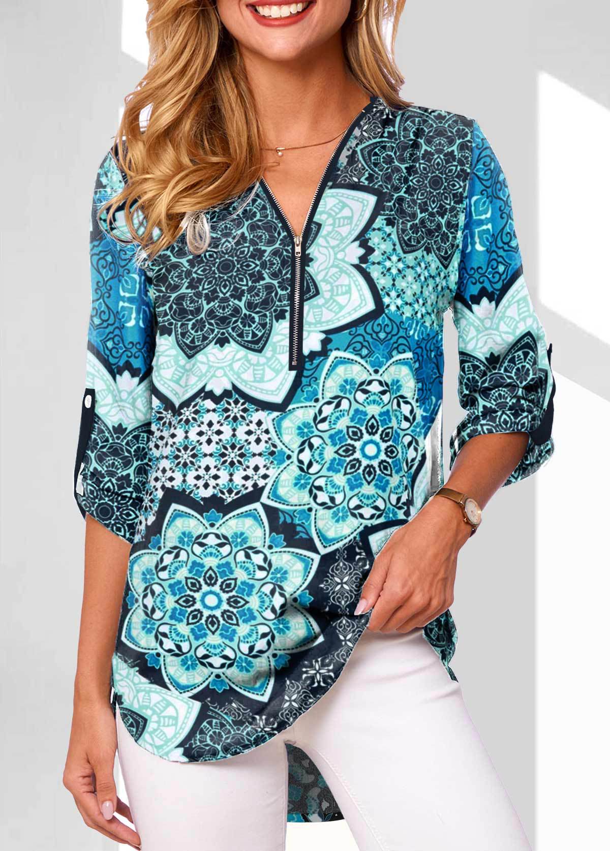 V-neck Zipper Long Sleeve Rollable Sleeves Loose Shirt