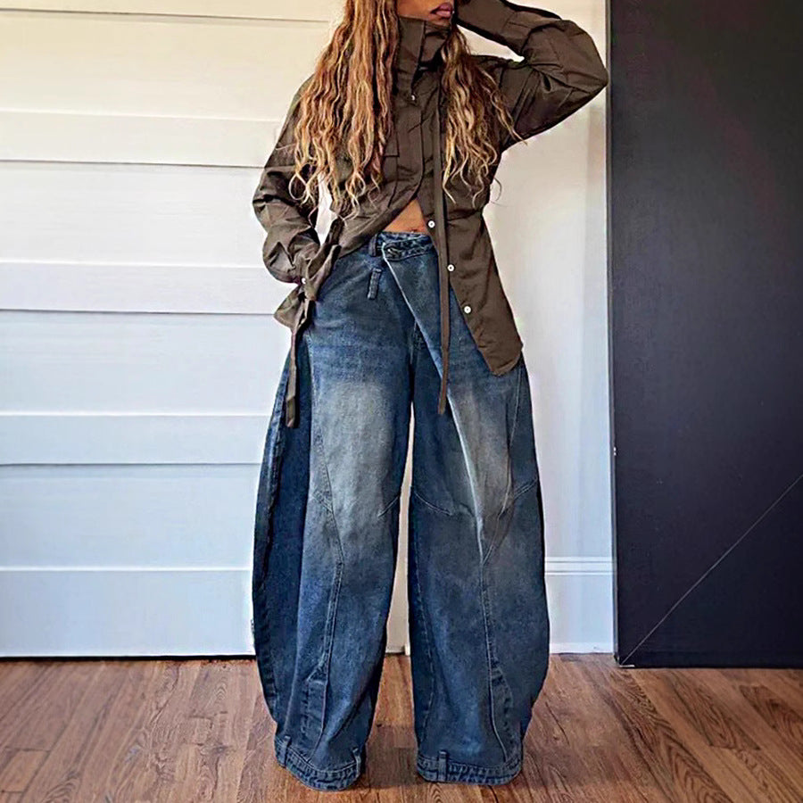 Retro slidt og falmet look, jeans til kvinder med omvendt linning