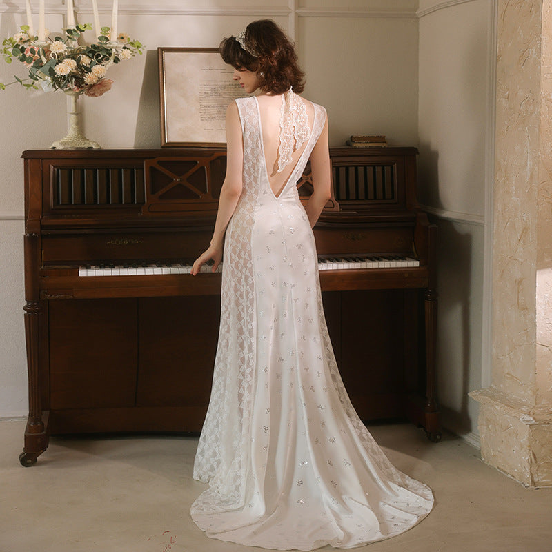 Lace-trimmed Floor-length Nightgown With A Deep V-neck