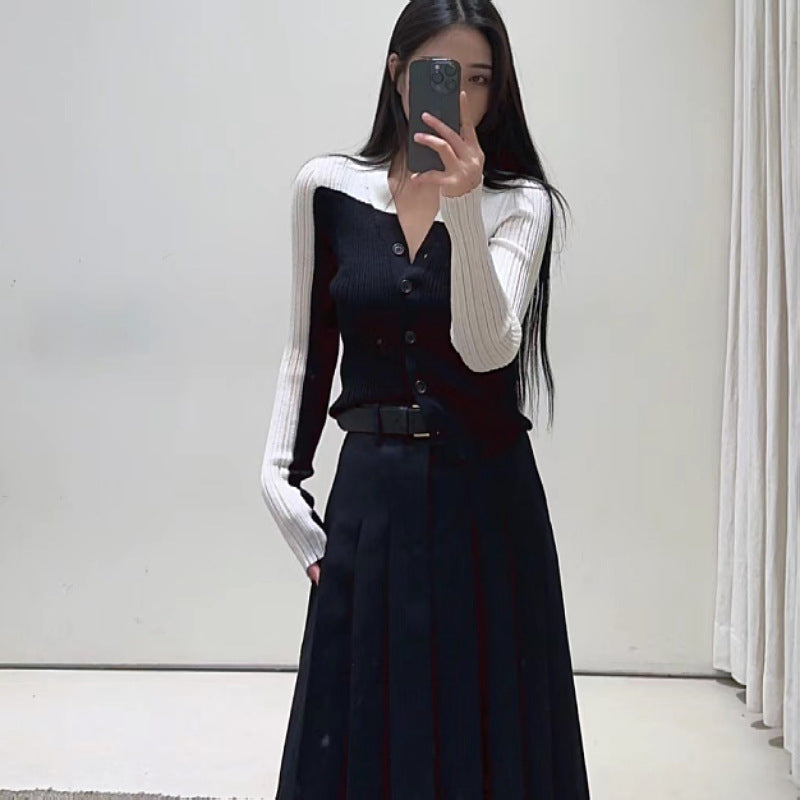 Autumn And Winter New Contrast Color Irregular Slim-fit Long-sleeve Cardigan Sweater