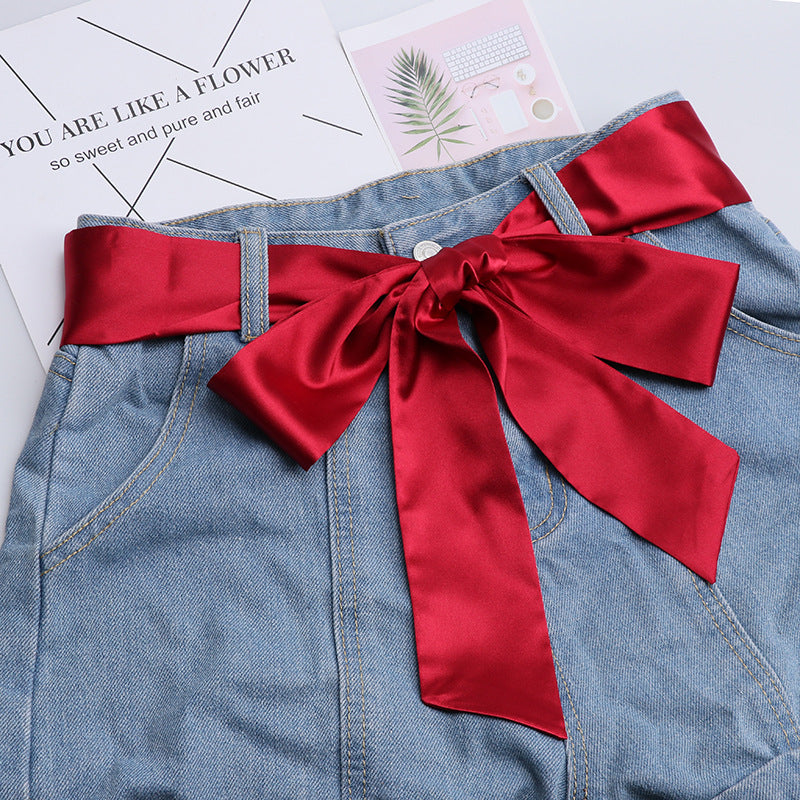 Fashion Solid Color Extra Long Wide Ribbon Belt With Skirt Decoration