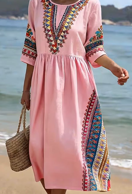 Women's Casual Round Neck Mid Sleeve Print Cotton And Linen Dress