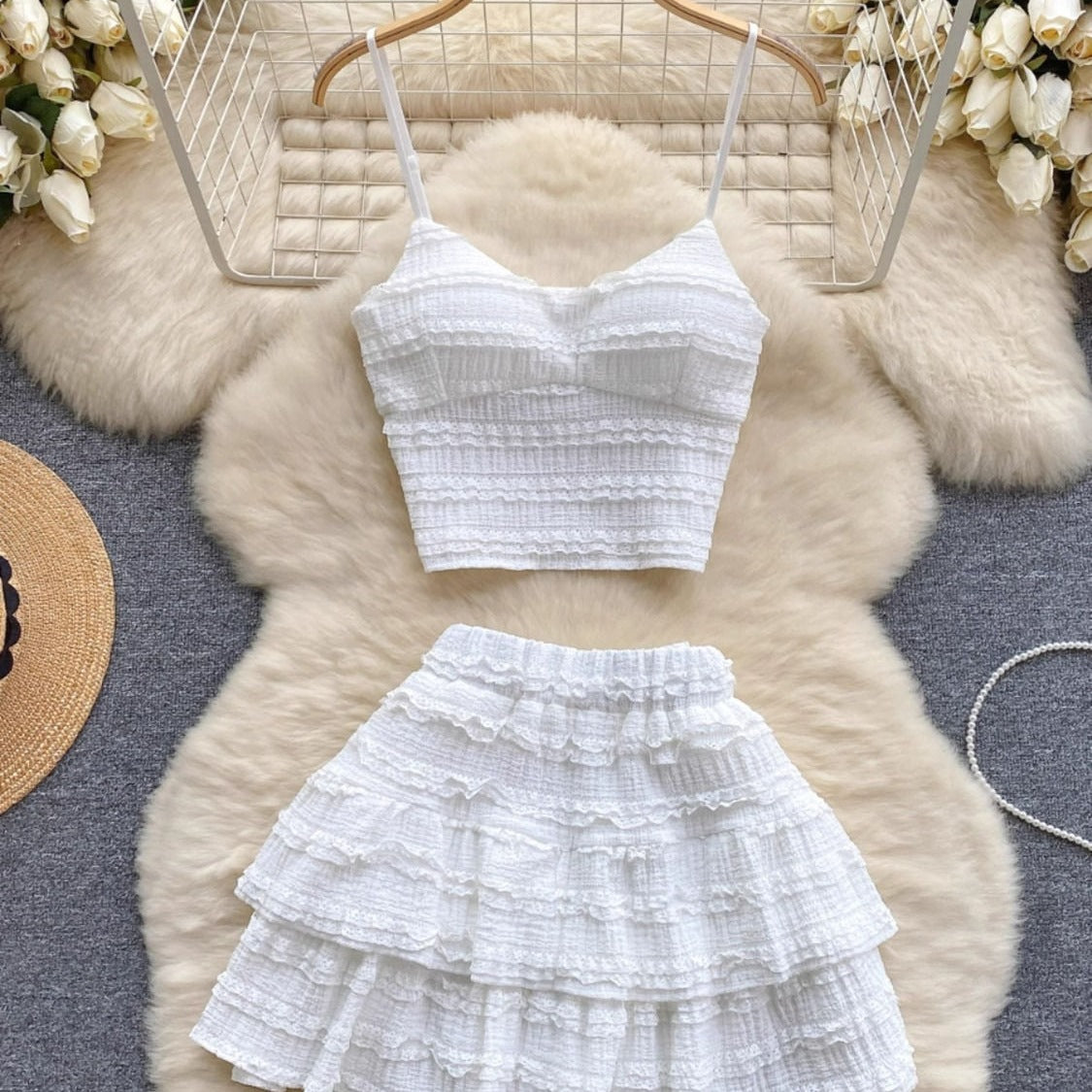 Lace Camisole And Ruffled Short Skirt Set