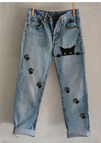 New 3D Heat-transfer Printed Flared Jeans-style Trousers In Faux Denim