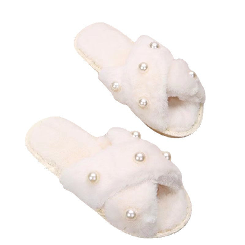 Women's Indoor And Outdoor Warm Pearl Cross Slippers