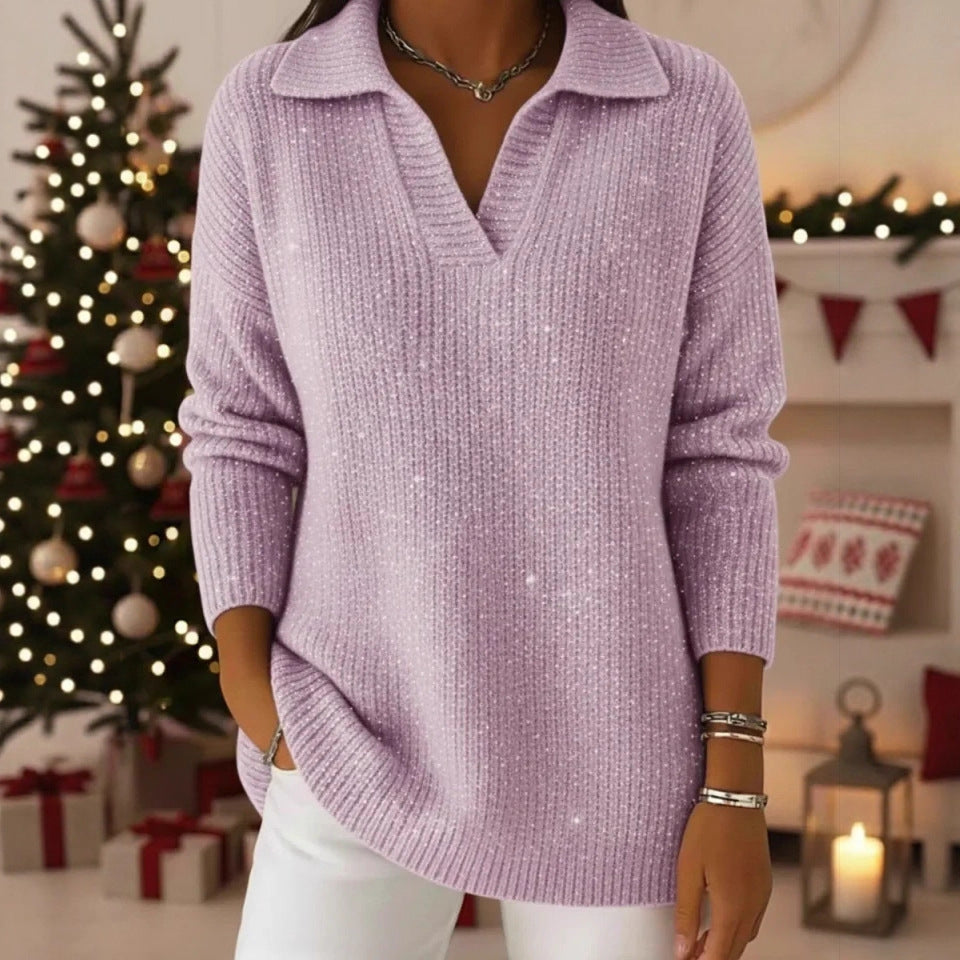 Ny Ensfarvet Langærmet Top Glitrende Sweater