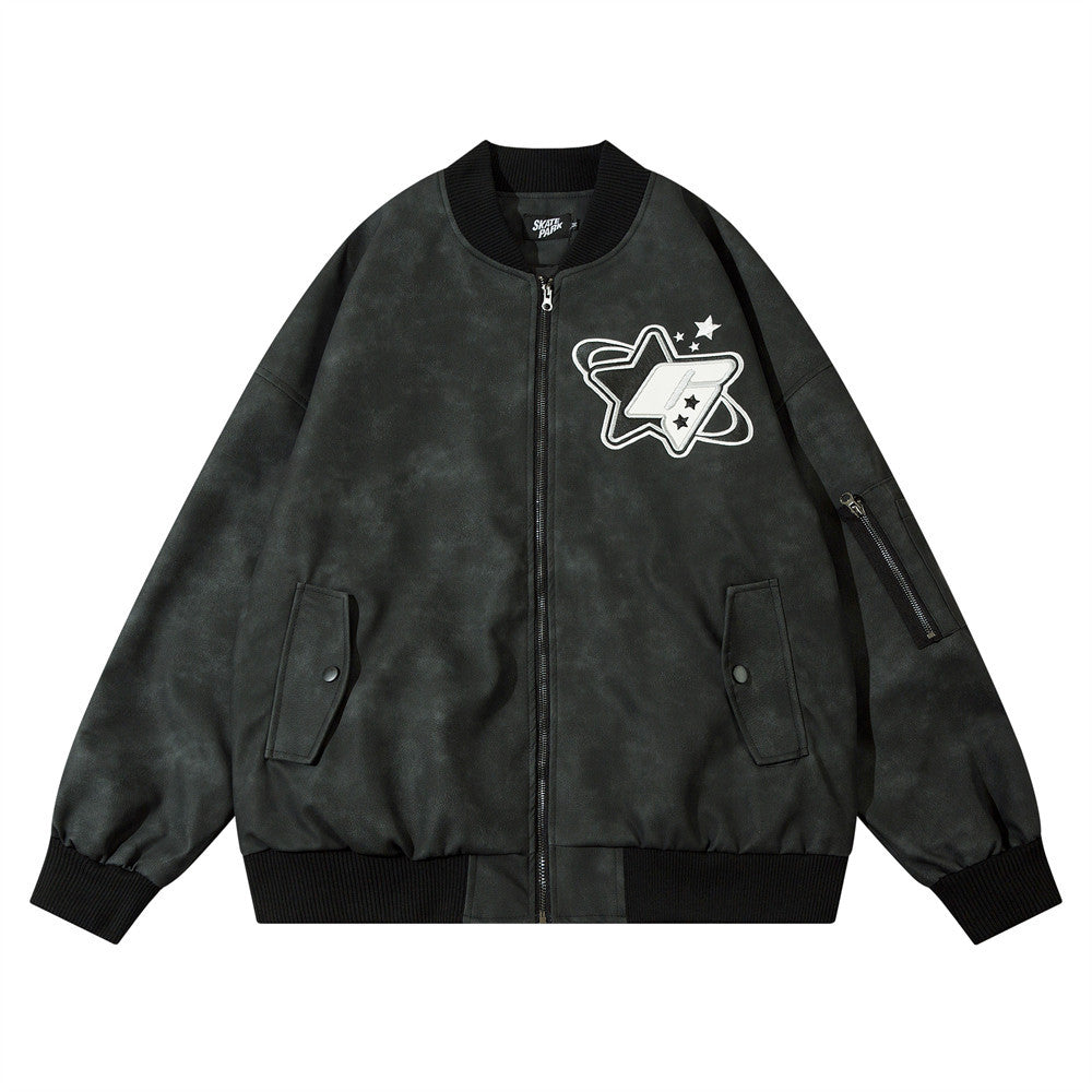 Ins American-style Street Fashion Leather Embroidered Letter Baseball Uniform Jacket