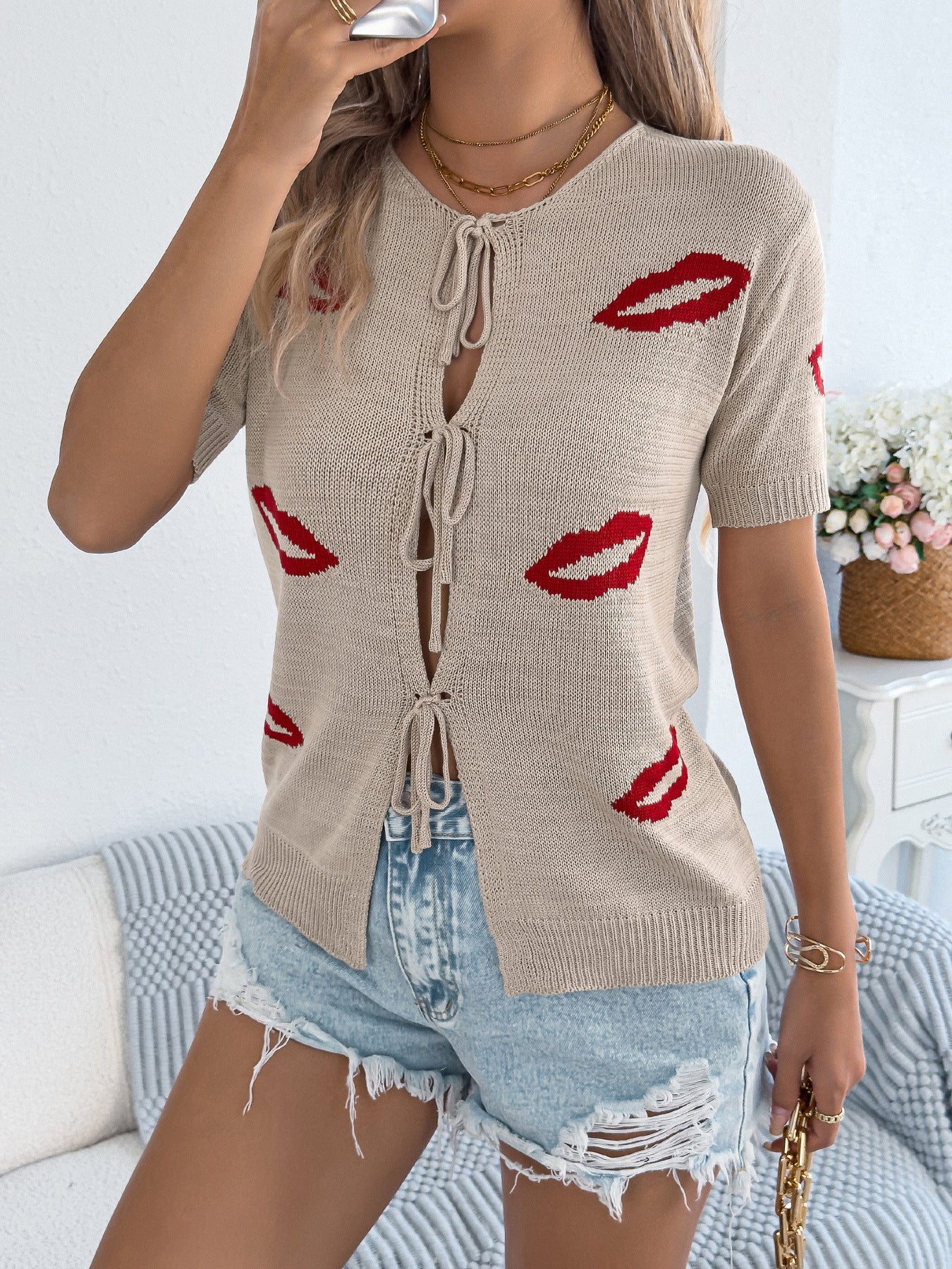 Casual Sexy Lip Jacquard Lace-up Knit Top