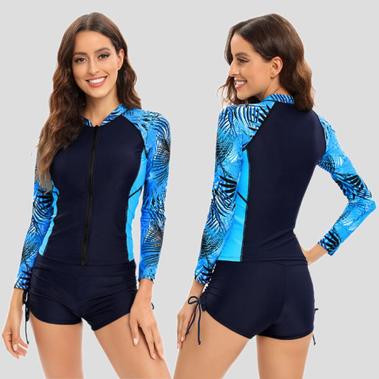 Womens Two-Piece Boxer-Style Long-Sleeve Swimsuit Set