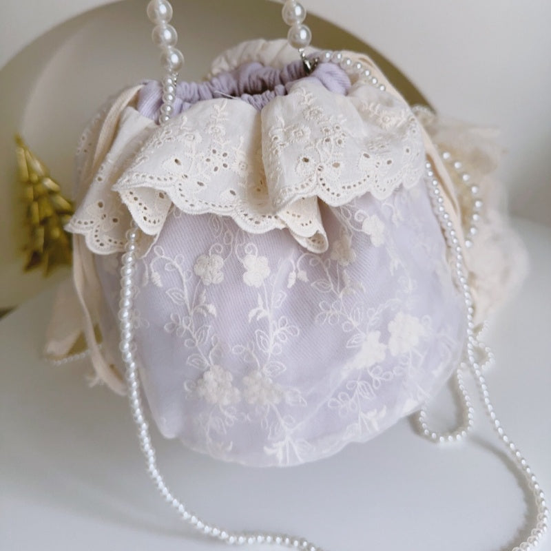 Lace With Beaded Chain Trim Bucket Bag Shoulder Bag