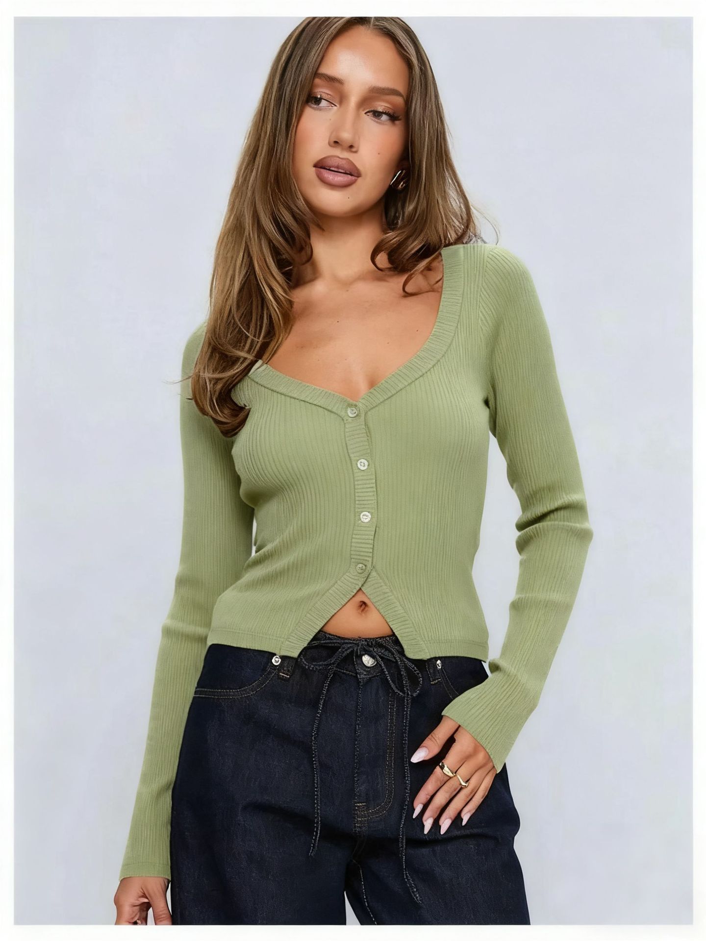 Women's European And American-style Long-sleeved Slim-fit Cropped Knit Top