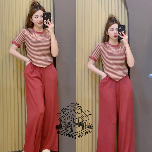Casual Striped Top With Wide-leg Pants Two-piece Set