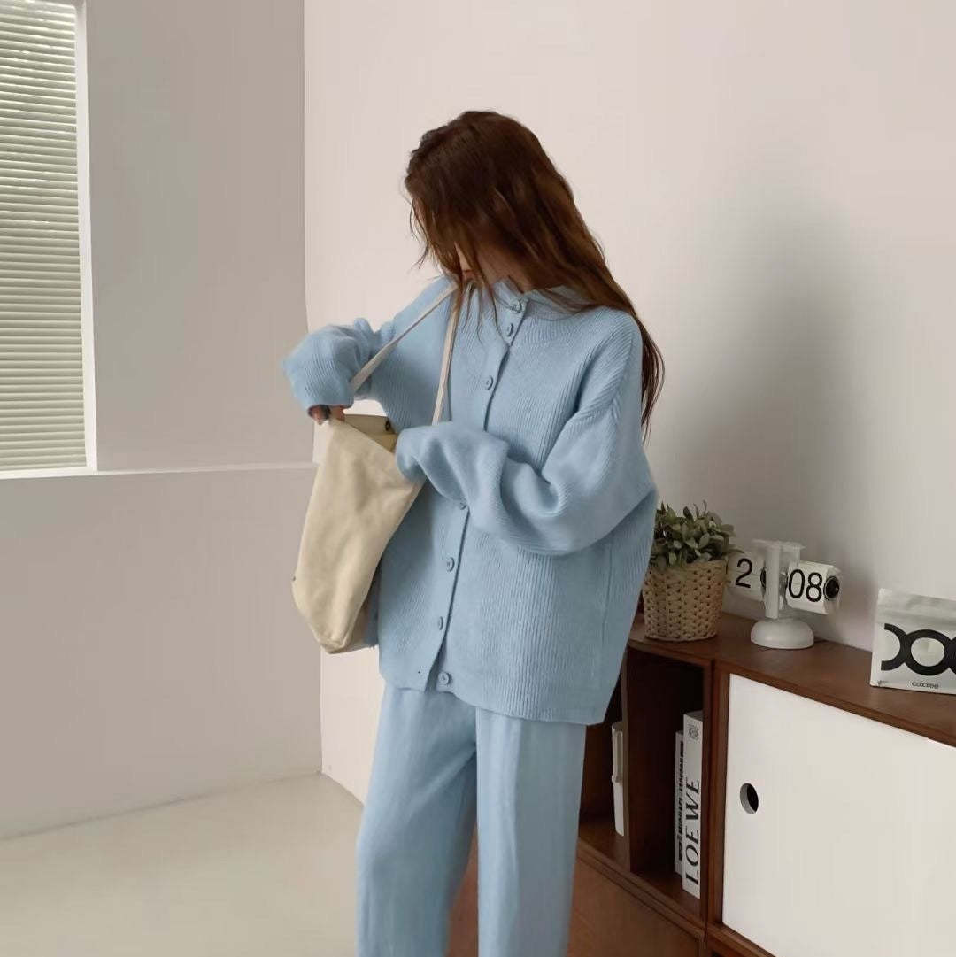 Knitting Suit Women's Half Turtleneck Single-breasted Coat High Waist Wide Leg Pants Fashion