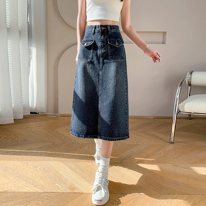 High Waist Denim Back Slit Skirt Slimming Casual A- Line