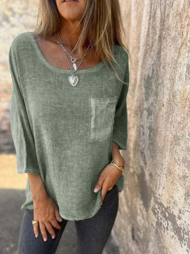 Round Neck Pullover Bat Three-quarter-length-sleeved T-shirt Pocket Color Matching