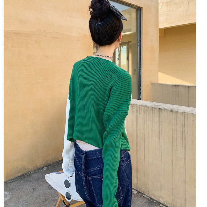 V-collar Contrast Color Stitching Applique Design Knitted Sweater