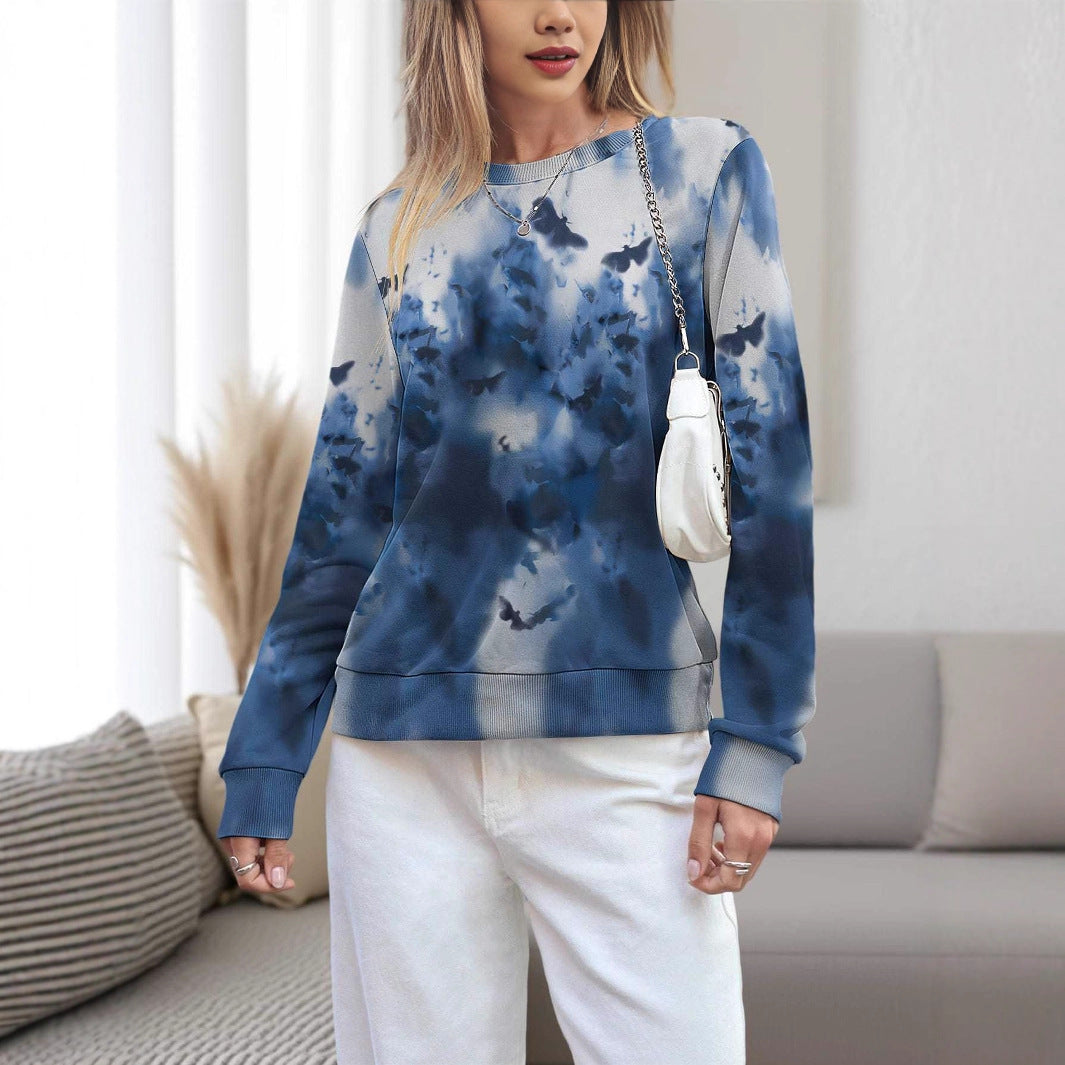 Dame 3D-printet rundhalset pullover, løs fritidstrøje