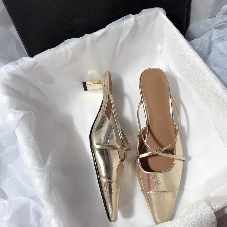 Women's Silver Closed Toe Mule Slides 2025 Summer New British Style Chunky Heel Lazy Slip-on Sandals