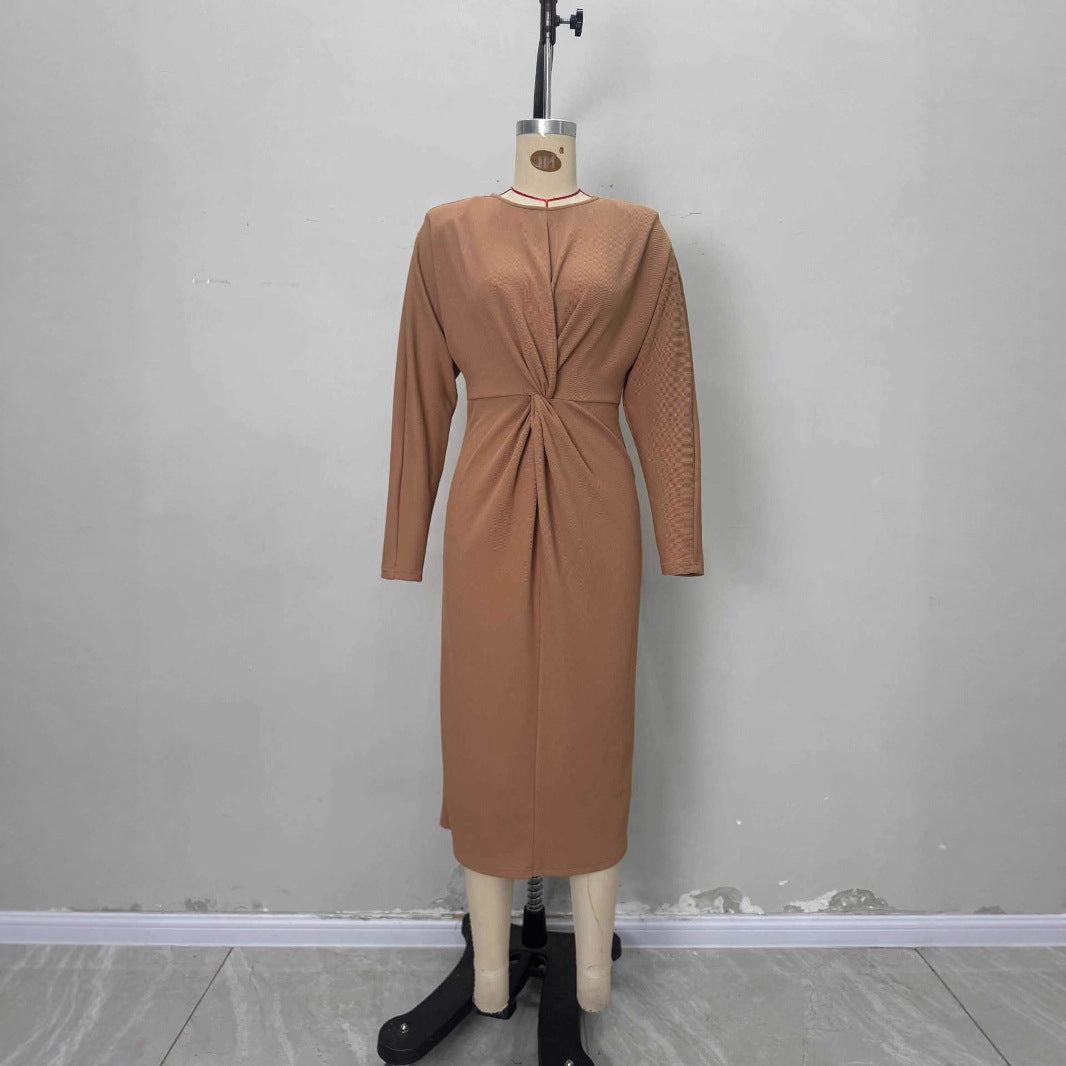 Retro-inspireret Elegant Rundhalset Langærmet Kjole med Vridningsdetalje