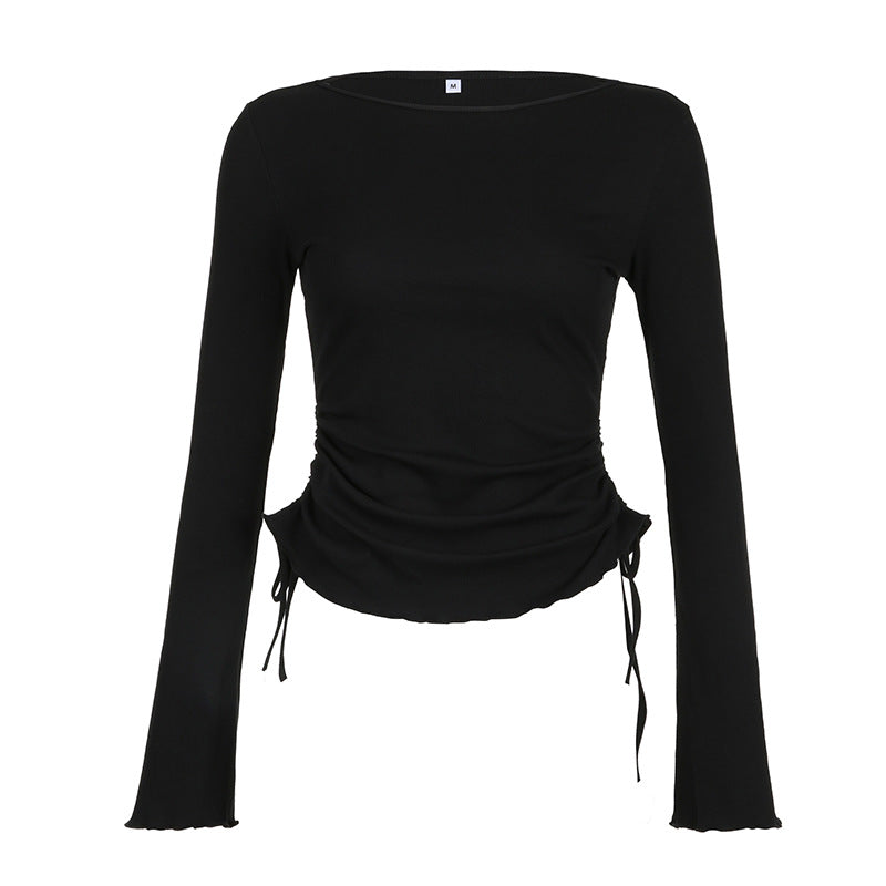 European And American Instagram-style Pure Yet Alluring Lace-up Minimalist Long-sleeve Drawstring Top