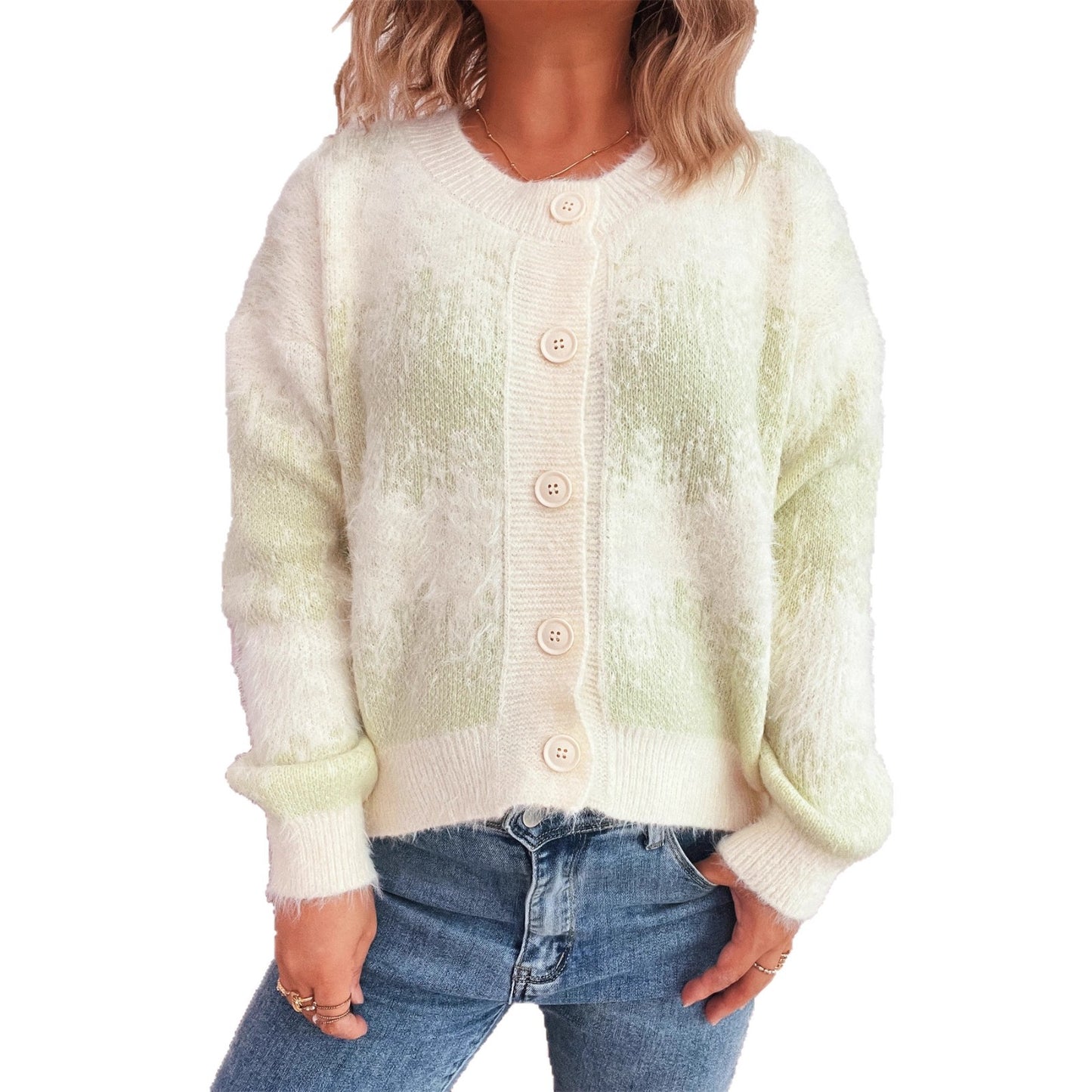 Color-Changing Contrast Color Jacquard Single-breasted Casual Sweater