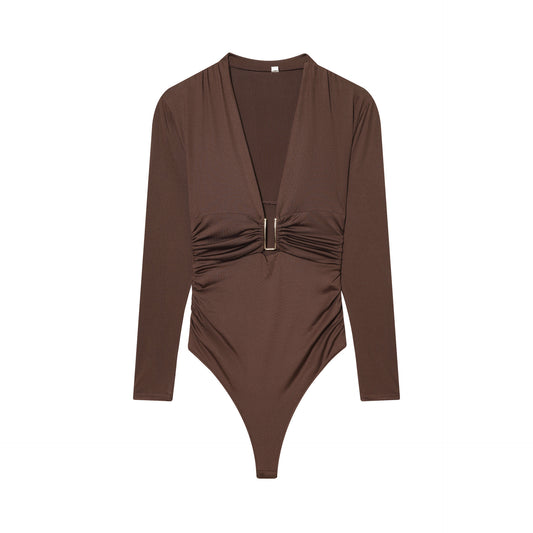 Deep-V Long-sleeve Bodycon Womens Jumpsuit That Flatters The Figure And Looks Sexy
