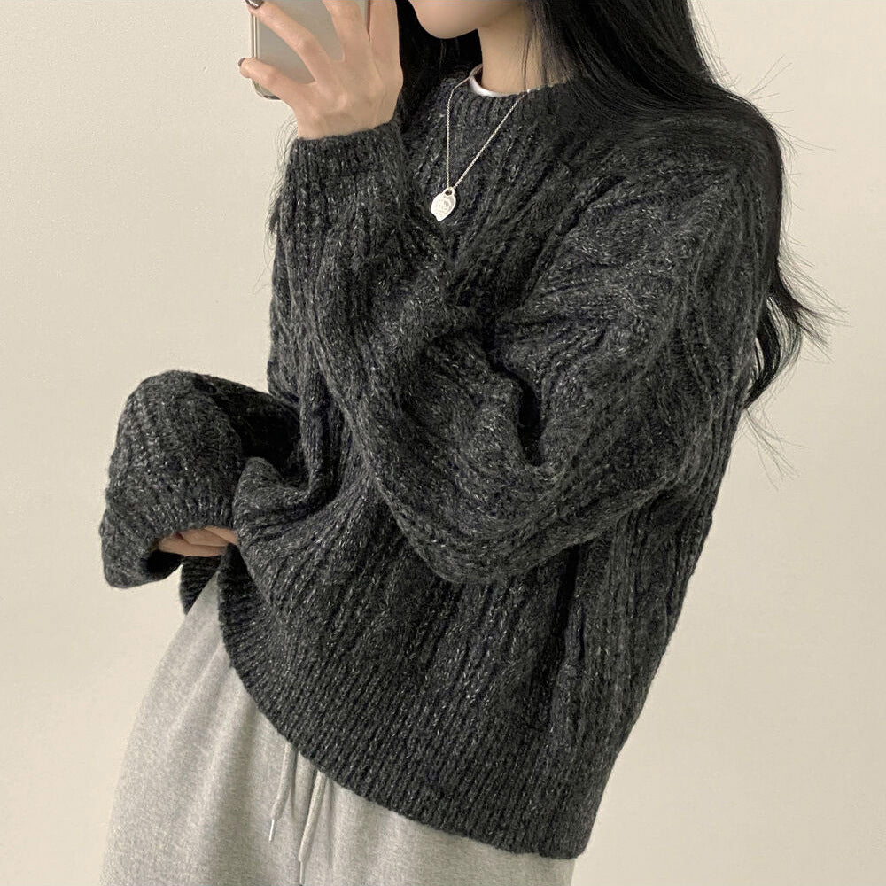Thick Twist Sweater Idle Style Round Neck Solid Color Pullover Long Sleeve