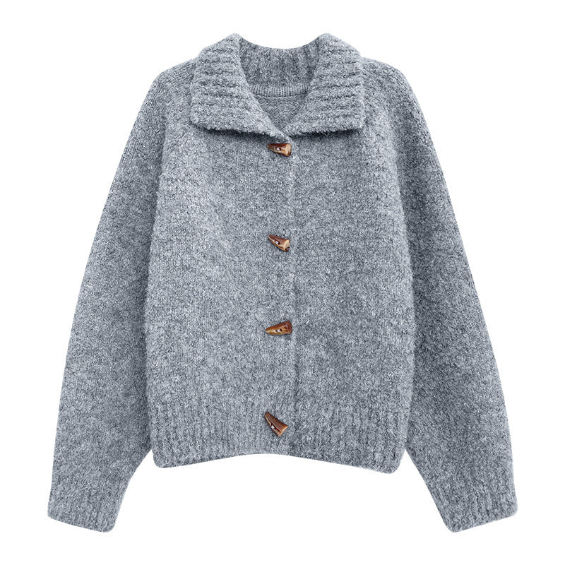 Retro Horn Button Solid Color Sweater Coat For Women