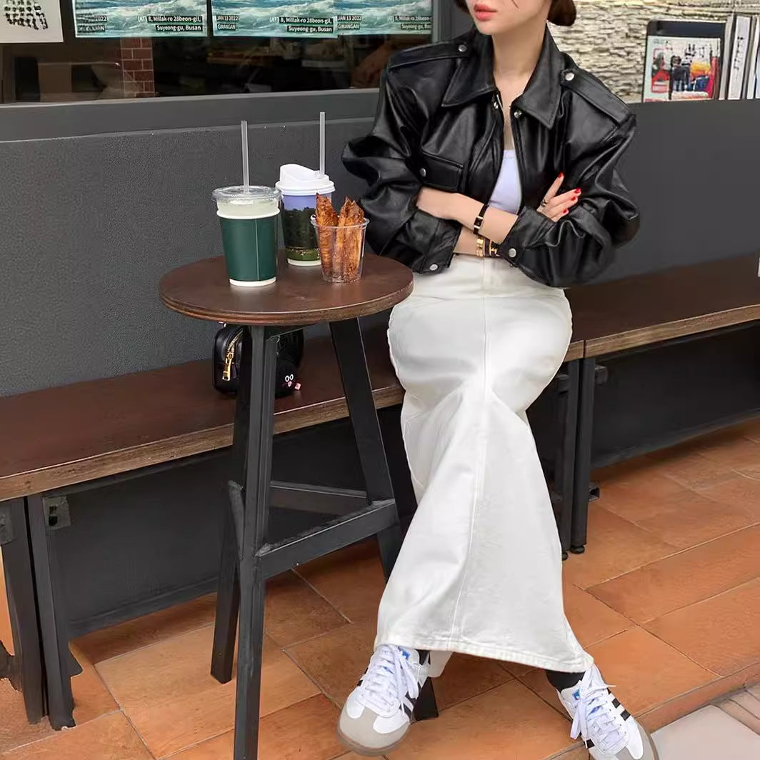 Fashion Korean Style Pure Color Slimming High Waist Back Denim Skirt
