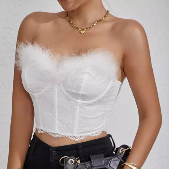 Womens Solid-Color Feathered Underwired Fishbone Backless Bodycon Tube Top