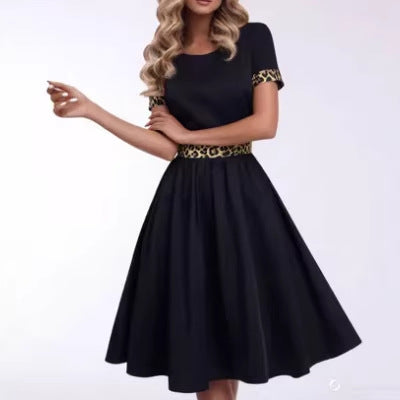 Womens Spring New Leopard-Print Crew-Neck Short-Sleeve Dress