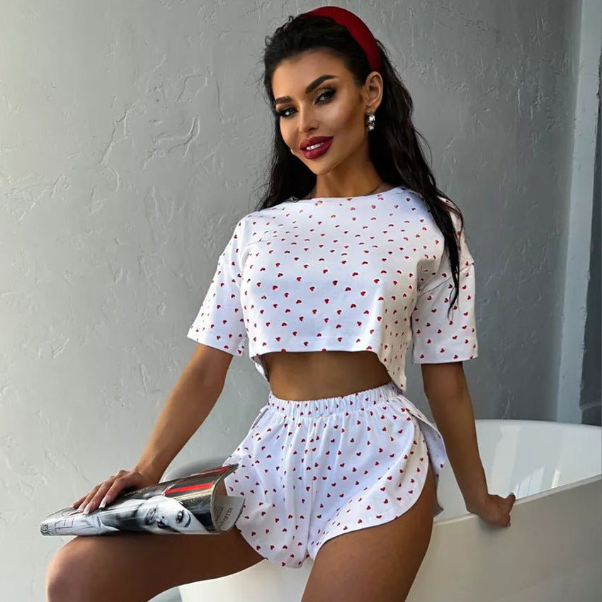 Comfortable Heart-Print Knitted Short-Sleeve Top And Shorts Set