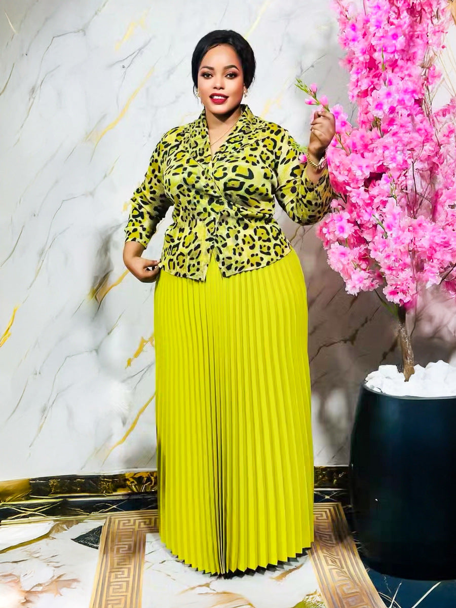Plus Size Slightly Fat Women's Clothing Printed Long-sleeved Top Pleated Skirt