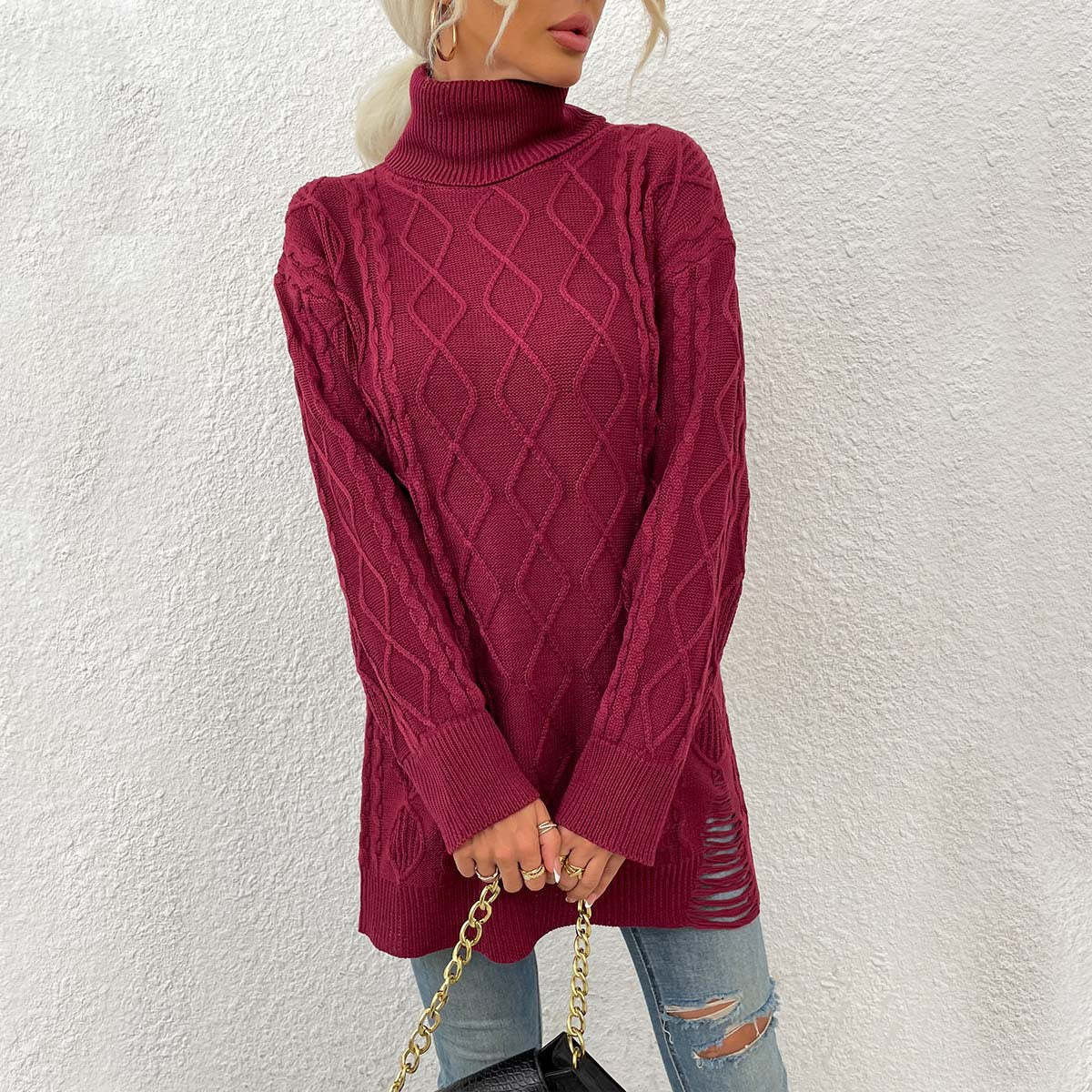 Womens Sweater Chunky-Knit Diamond-Pattern Sweater Dress