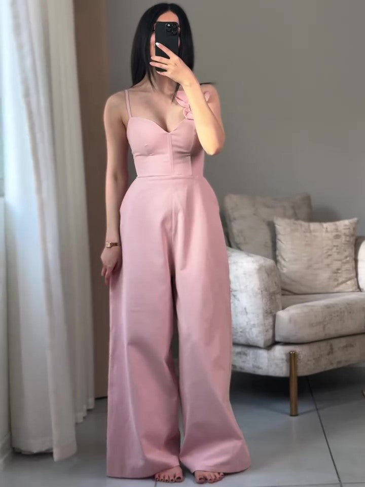 Solid Color Three-dimensional Floral Lace-up Jumpsuit