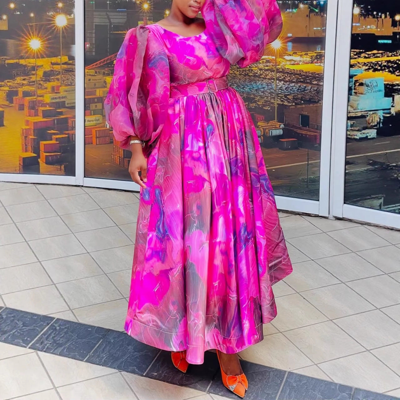 Elegant Commuter Print Dress With Tie-detail Accents