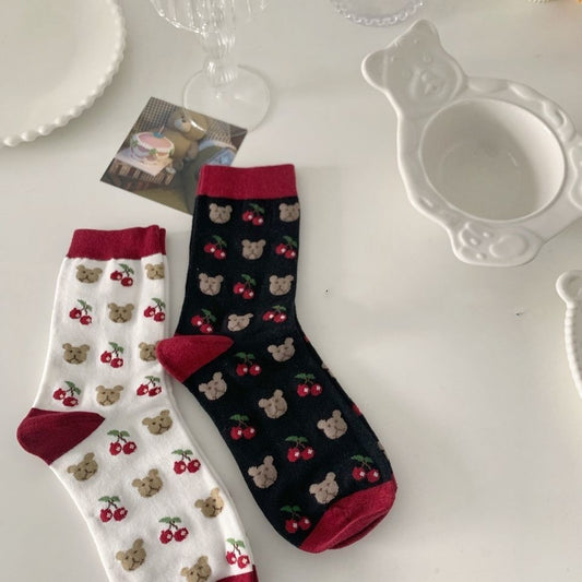 Bear Socks Female Japanese Cute Cherry Tube Socks Ins Tide