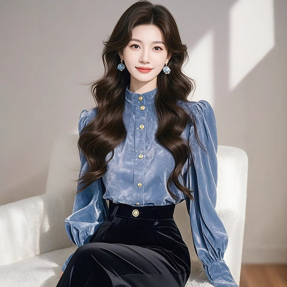 Womens Sophisticated Blue Stand-Collar Velvet Shirt