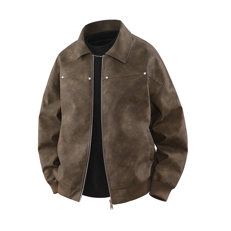 American Retro Brown Lapel Leather Coat