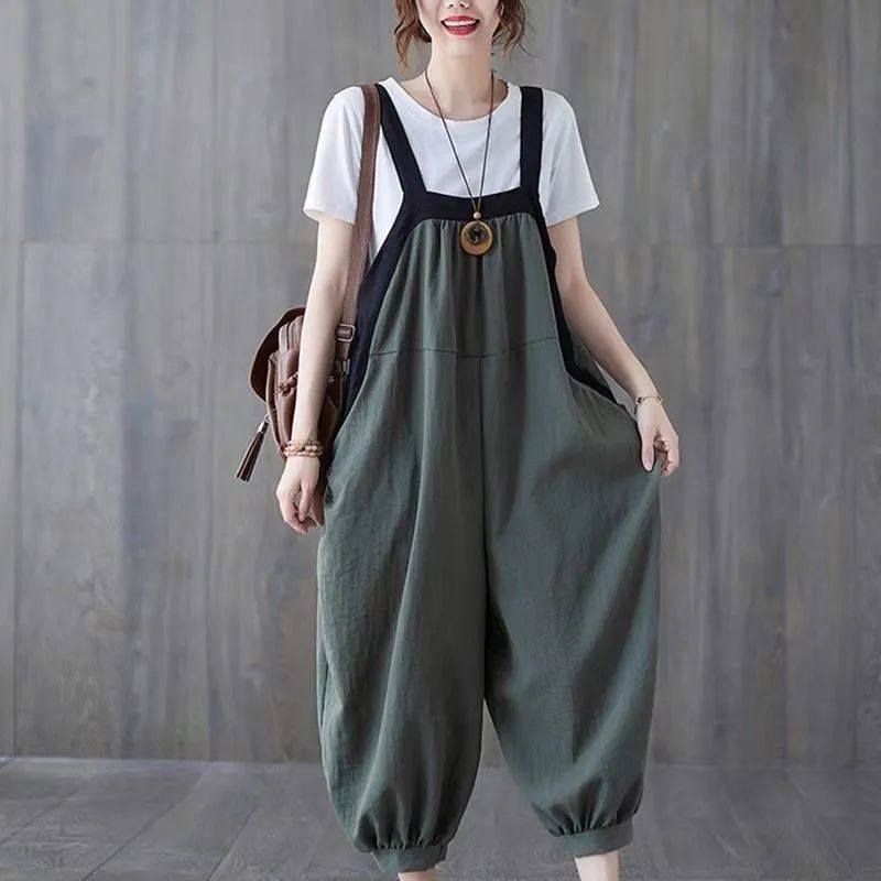 Patchwork Ankle-cuff Harem Overalls Versatile And Figure-flattering