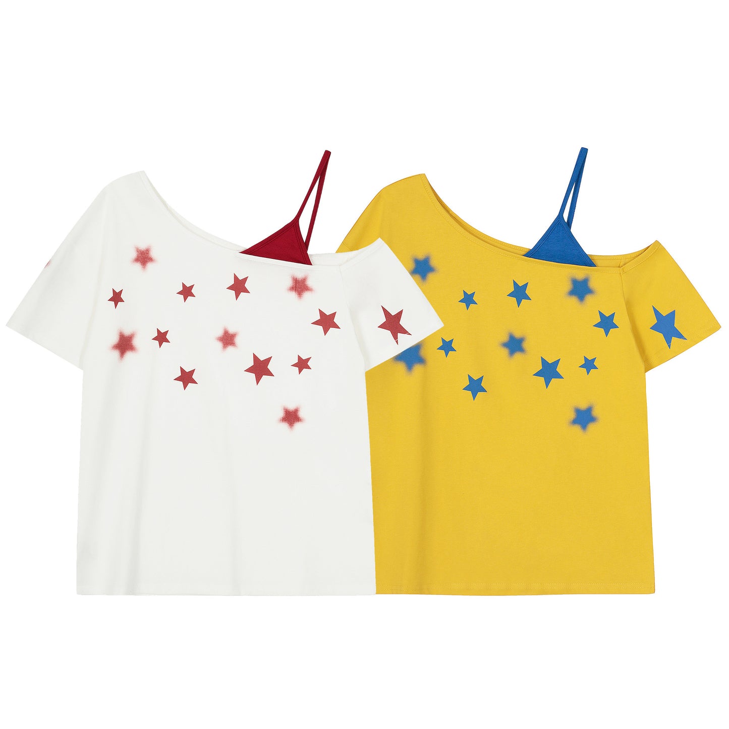 Five-pointed Star Printed Sloping-shoulder Off The-shoulder Short-sleeved T-shirt For Women
