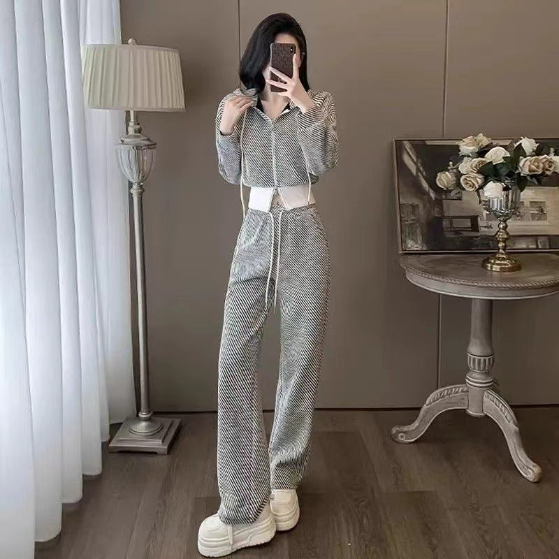 Overseas Temperament Slim Hooded Cardigan Wide-leg Pants Two-piece Set