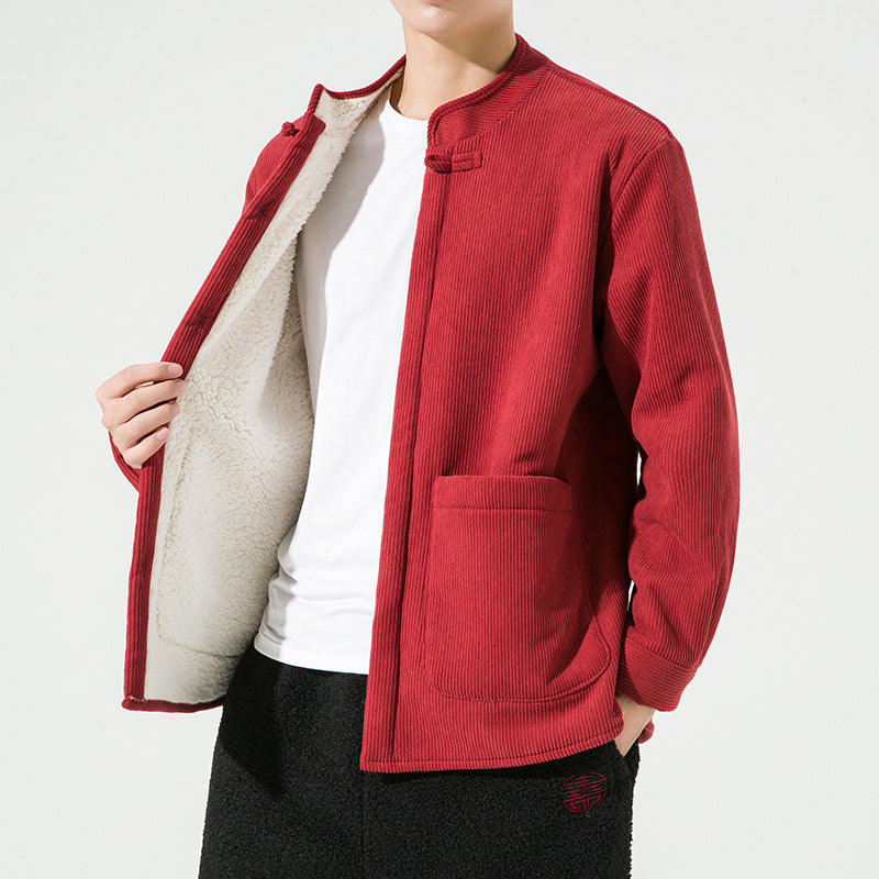 Men's Hanfu Stand Collar Buckle Corduroy Fleece Warm Jacket