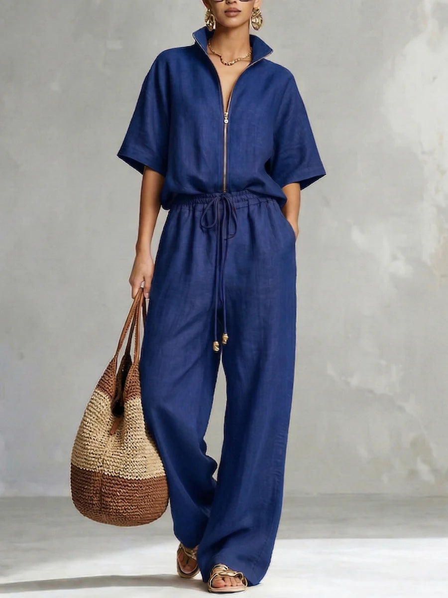 Womens Casual Loose Solid-Color Zip-Up Crew-Neck Wide-Leg Pants Set